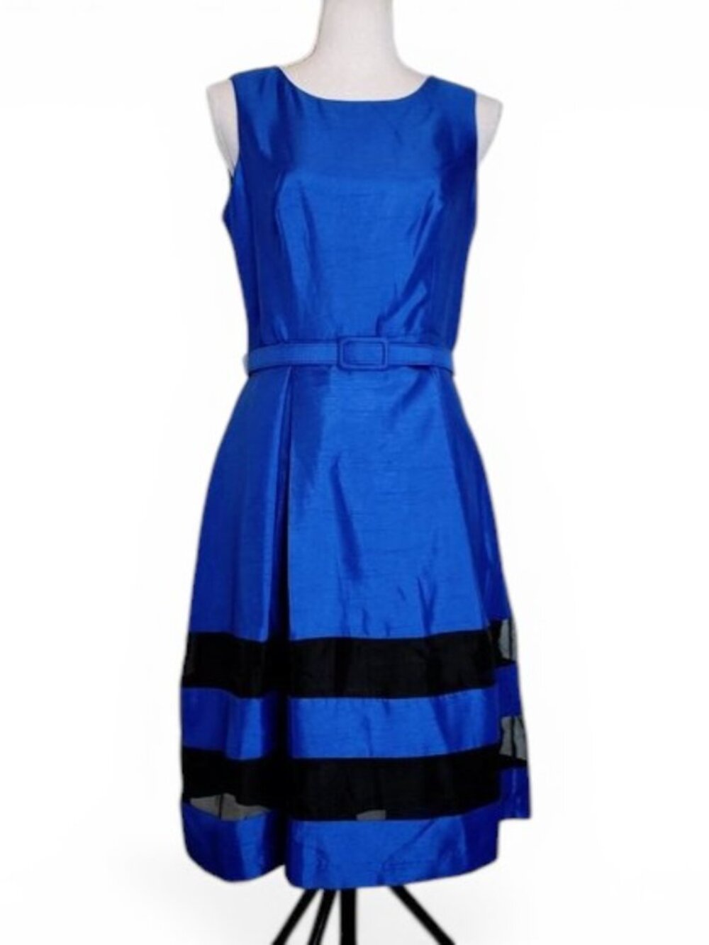 NWT R & K Blue and Black Sleeveless Flare Dress Women Royal Blue Pleated Waist 4